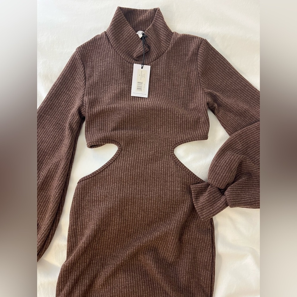 WeWoreWhat High Neck Brown Cutout Maxi Sweater Dress